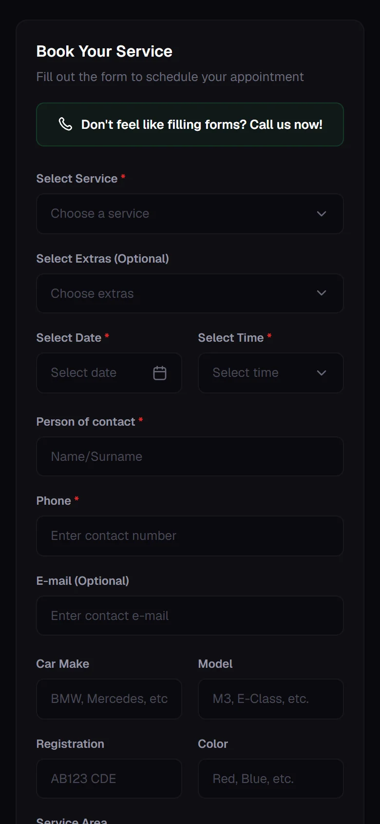 The ddetailing.co.uk booking request form on a phone: service, extras, preferred date and time, contact details and car details