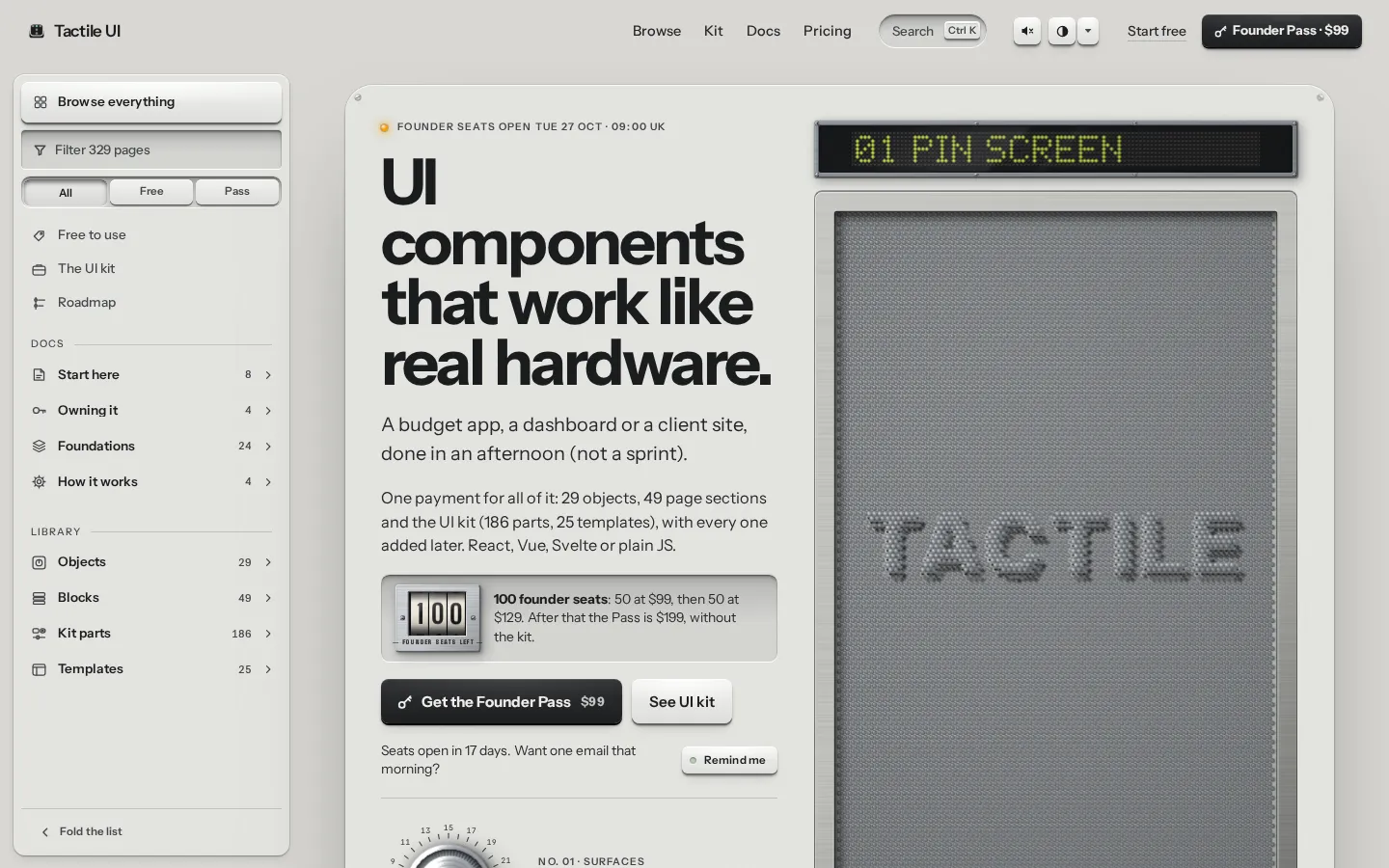 The Tactile UI homepage on desktop: the headline UI components that work like real hardware, the Founder Pass button and a pin screen object