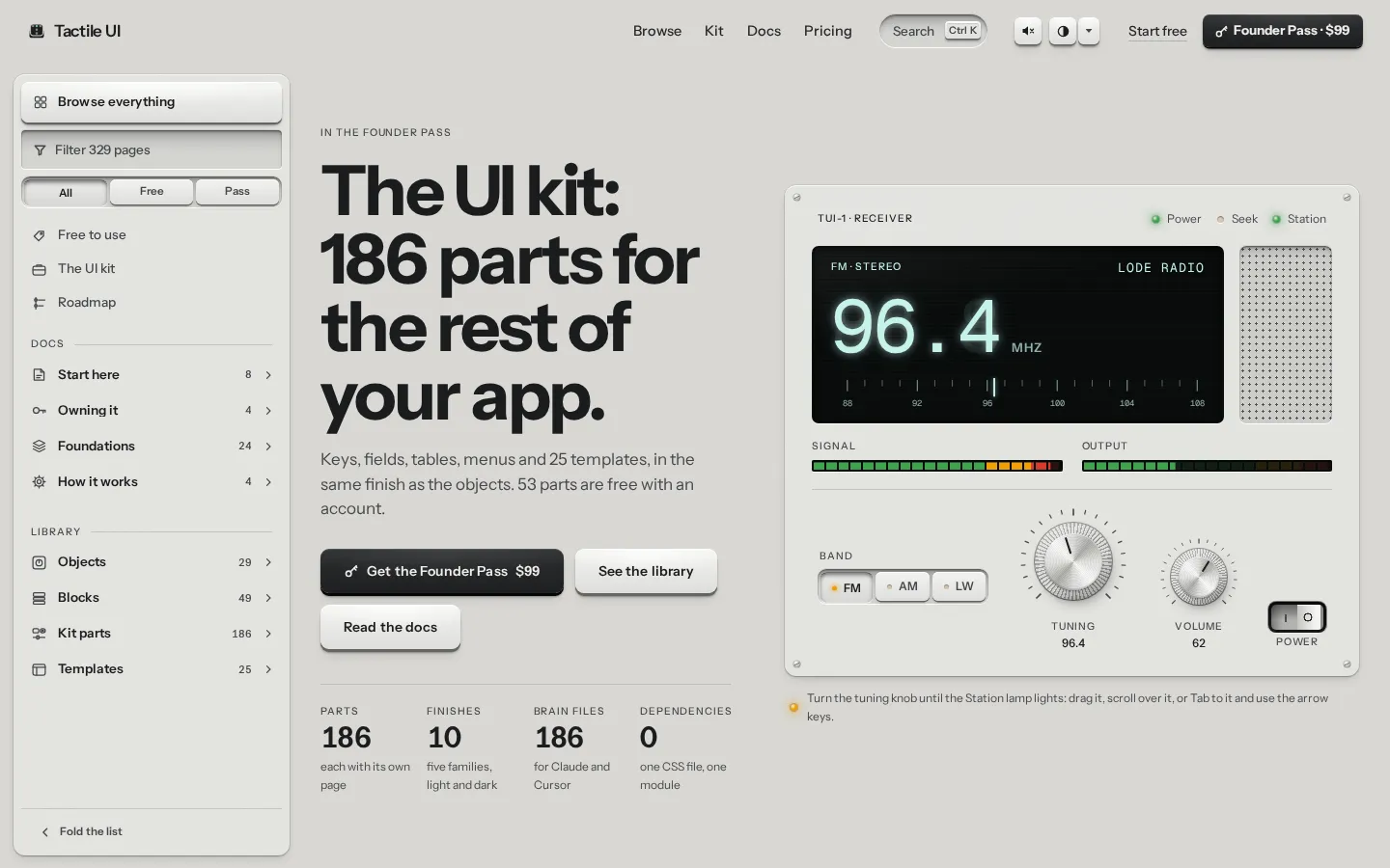 The Tactile UI kit page on desktop: a working radio receiver built from kit parts, with a tuning knob, band selector and level meters