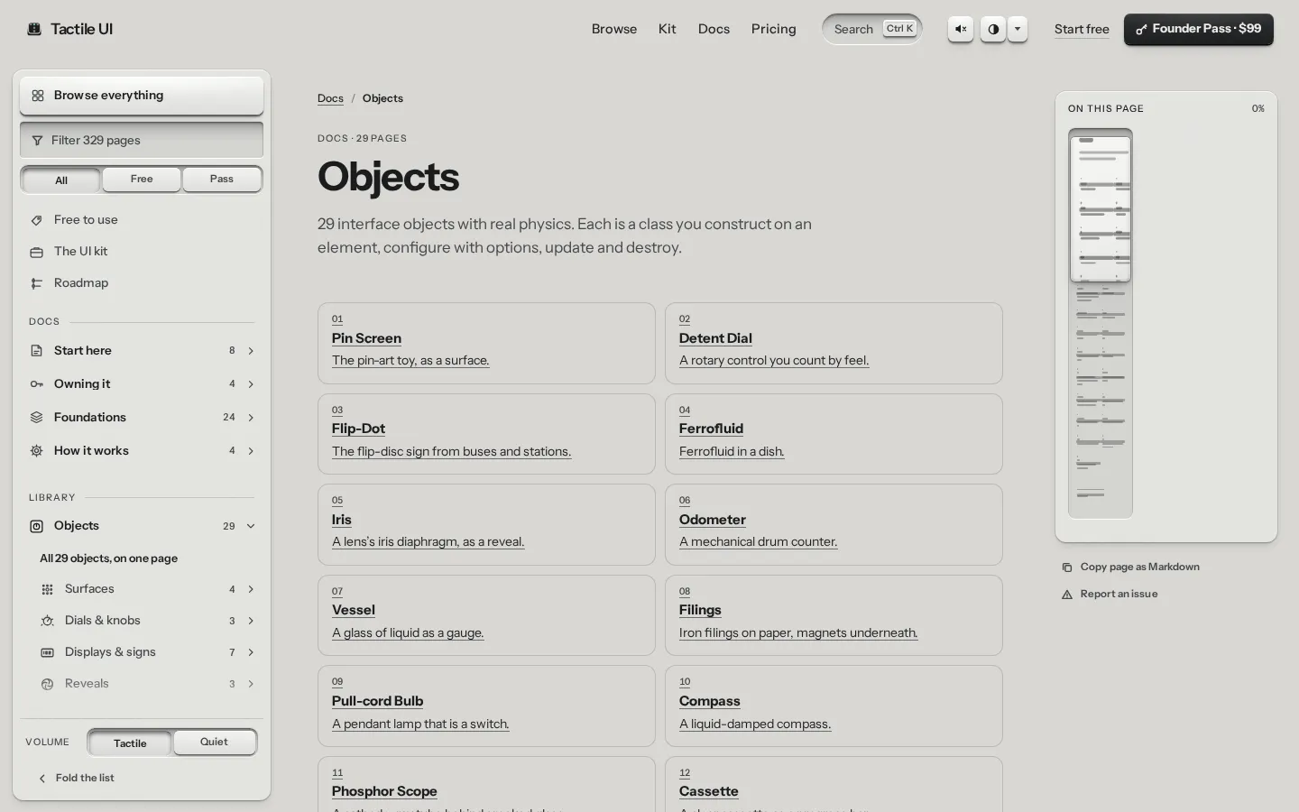 The Tactile UI objects page on desktop, listing the 29 interface objects such as Pin Screen, Detent Dial, Flip-Dot and Ferrofluid